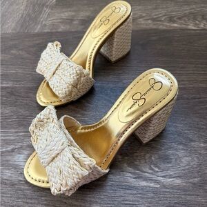Cream and Gold Woven Heeled Sandals Mules